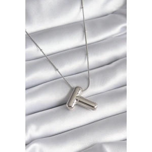 316L Çelik Gümüş Renk Bubble T Harf Model Kadın Kolye - TJ-BKO8295