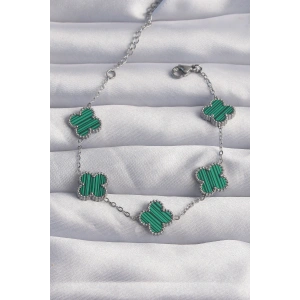 316L Çelik Gümüş Renk Çizgili Yeşil Mineli Yonca Bileklik