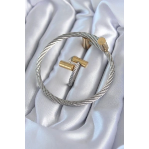 316L Çelik Gümüş Renk Gold Detay Sarmal Model Erkek Bileklik Yüzük Kombini - TJ-EB3603