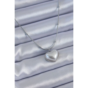 316L Çelik Gümüş Renk İncili Kalp Model Minimal Top Detay Kadın Kolye