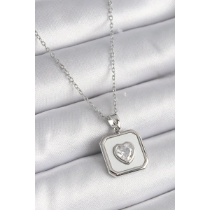316L Çelik Gümüş Renk Kare Madalyon Kalp Zirkon Taş İşleme Kadın Kolye - TJ-BKO9525