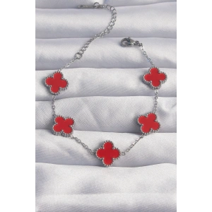 316L Çelik Gümüş Renk Kırmızı Mineli Yonca Bileklik - TJ-BB6263