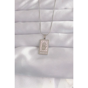 316L Çelik Gümüş Renk Pembe Mineli El Figür Tarot Kolye