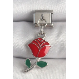 316L Çelik Gümüş Renk Sallantı Kırmızı Gül Model Nomination Charm - TJ-BC1379