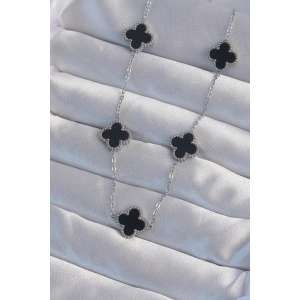 316L Çelik Gümüş Renk Siyah Mineli Yonca Kolye - TJ-BKO8997