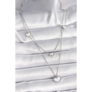 316L Çelik Gümüş Renk Zincir 2Li Zincir Kalp Model Kadın Kolye - TJ-BKO9573
