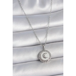 316L Çelik Gümüş Renk Zincir Beyaz Mineli Hilal İşlemeli Madalyon Model Kadın Kolye