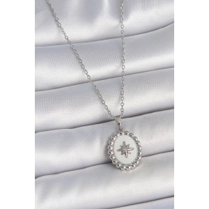 316L Çelik Gümüş Renk Zincir Beyaz Mineli Kutup Yıldız İşlemeli Madalyon Model Kadın Kolye - TJ-BKO10062