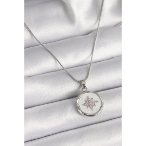 316L Çelik Gümüş Renk Zincir Beyaz Sedefli Zirkon Taşlı Yıldız İşleme Model Kadın Kolye - TJ-BKO9635