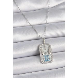 316L Çelik Gümüş Renk Zincir İkizler Burcu Zirkon Taşlı Kadın Kolye - TJ-BKO9446