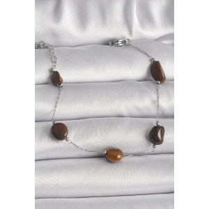 316L Çelik Gümüş Renk Zincir Kahverengi Doğaltaş Model Kadın Bileklik - TJ-BB6596