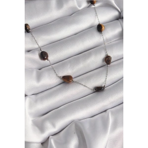 316L Çelik Gümüş Renk Zincir Kahverengi Doğaltaş Model Kadın Kolye - TJ-BKO9662