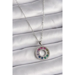 316L Çelik Gümüş Renk Zincir Renkli Zirkon Taşlı Madalyon Model Kadın Kolye - TJ-BKO9489