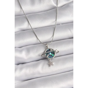 316L Çelik Gümüş Renk Zincir Zirkon Taşlı Gezegen Model Kadın Kolye - TJ-BKO9478