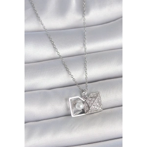 316L Çelik Gümüş Renk Zincir Zirkon Taşlı İncili Açılır Elmas Model Kadın Kolye - TJ-BKO10048