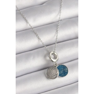 316L Çelik Gümüş Renk Zincir Zirkon Taşlı İşleme Mavi Simli Kadın Kolye - TJ-BKO9641