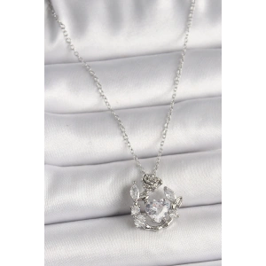 316L Çelik Gümüş Renk Zincir Zirkon Taşlı Kalp Figür Gül Detay Kadın Kolye - TJ-BKO9809