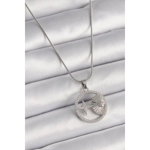 316L Çelik Gümüş Renk Zincir Zirkon Taşlı Yıldız Madalyon Model Kadın Kolye - TJ-BKO9637