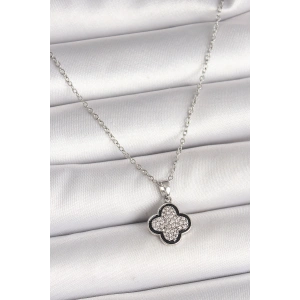 316L Çelik Gümüş Renk Zincir Zirkon Taşlı Yonca Model Kadın Kolye - TJ-BKO9975