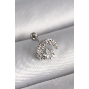 316L Çelik Gümüş Renk Zirkon Taşlı Ay Yıldız Tragus Piercing