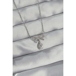 316L Çelik Gümüş Renk Zirkon Taşlı Fiyonk Detay Damla Kolye - TJ-BKO8922