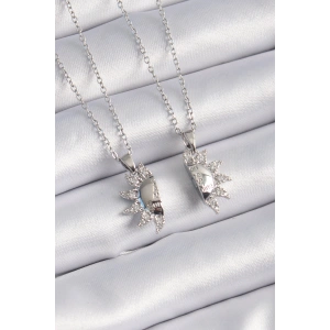 316L Çelik Gümüş Renk Zirkon Taşlı Güneş Model İşleme Yazı Detay Arkadaşlık Kolyesi - TJ-BKO9289