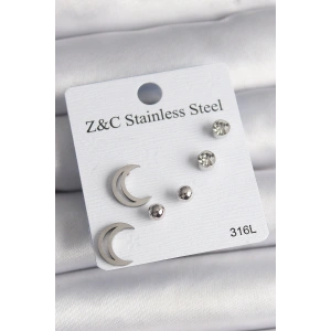 316L Çelik Gümüş Renk Zirkon Taşlı Hilal Model Kadın Küpe Seti