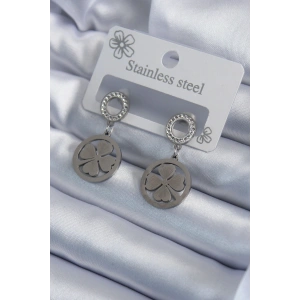 316L Çelik Gümüş Renk Zirkon Taşlı Yonca Model İşleme Detay Kadın Küpe - TJ-BKP7934