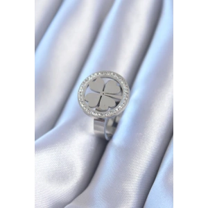 316L Çelik Gümüş Renk Zirkon Taşlı Yonca Model Kadın Yüzük - TJ-BYK2765