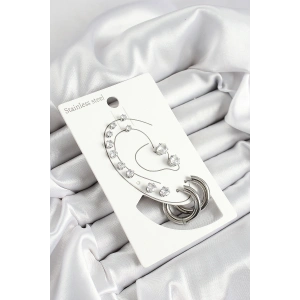 316L Çelik Halka Figürlü Ve Zirkon Taşlı Gümüş Renk 7li Çift Kadın Küpe Set - TJ-BKP10637