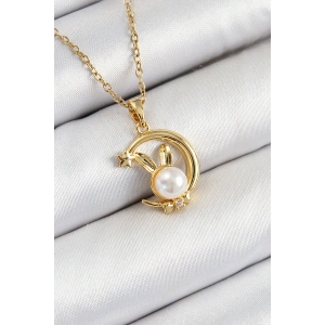 316L Çelik İnci Detaylı Hilal Tavşan Model Gold Renk Kadın Kolye - TJ-BKO10347