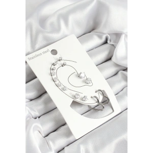 316L Çelik Kalp Figürlü Ve Zirkon Taşlı Gümüş Renk 7li Çift Kadın Küpe Set - TJ-BKP10639