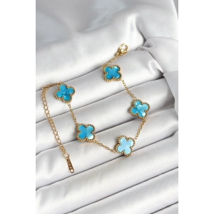 316L Çelik Sedefli Gökyüzü Mavisi Gold Renk Yonca Kadın Bileklik - TJ-BB6967