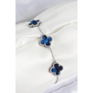 316L Çelik Sedefli Lacivert Gümüş Renk Yonca Kadın Bileklik - TJ-BB7671