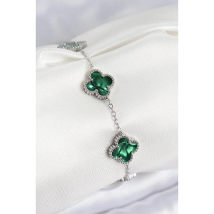 316L Çelik Sedefli Zümrüt Yeşil Gümüş Renk Yonca Kadın Bileklik - TJ-BB7672