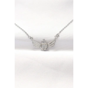 316L Çelik Silver Renk Zirkon Taşlı Kalpli Kanat Kolye