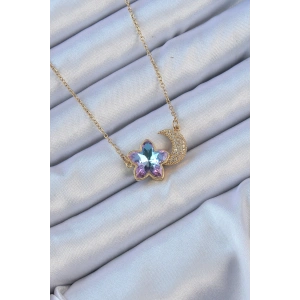 316L Çelik Zincir Altın Renk Ay Tasarımlı Renkli Zirkon Taşlı Çiçek Kolye - TJ-BKO9135