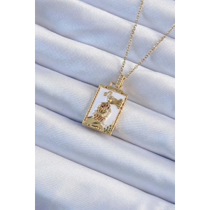 316L Çelik Zincir Altın Renk Beyaz Mineli Tarot Kolye - TJ-BKO9249