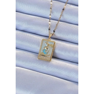 316L Çelik Zincir Altın Renk Mavi Mineli Tarot Kolye - TJ-BKO9211