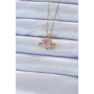 316L Çelik Zincir Altın Renk Pembe Zirkon Taşlı Satürn Görünümlü Kalp Kolye - TJ-BKO9220