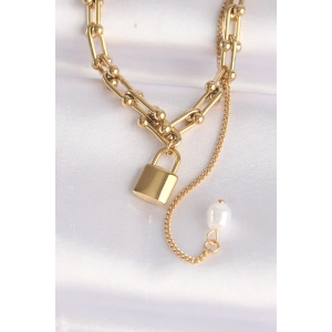 316L Çelik Zincir Altın Renk Zincirli Love Yazılı Kilit Kolye - TJ-BKO8632