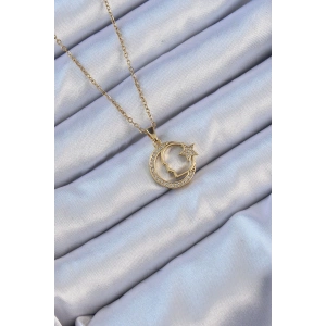 316L Çelik Zincir Altın Renk Zirkon Taşlı Ay Yıldız Simgeli Atatürk Kolye