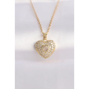 316L Çelik Zincir Altın Renk Zirkon Taşlı Kalp Kolye - TJ-BKO8624