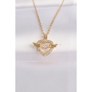 316L Çelik Zincir Altın Renk Zirkon Taşlı Kanatlı Kalp Kolye - TJ-BKO8628