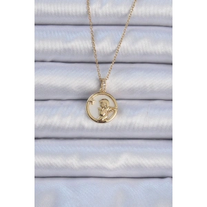 316L Çelik Zincir Altın Renk Zirkon Taşlı Mineli Melek Kolye - TJ-BKO9085
