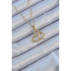 316L Çelik Zincir Altın Renk Zirkon Taşlı Yüzüklü Kalp Kolye