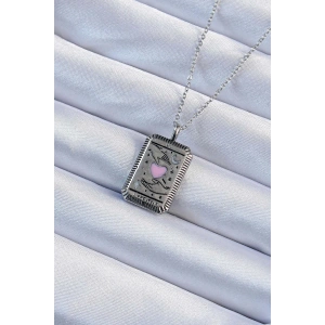 316L Çelik Zincir Eskitme Gümüş Renk Pembe Mineli Kalp Figürlü Tarot Kolye