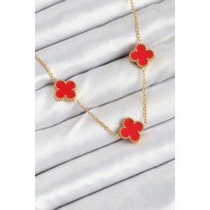 316L Çelik Zincir Gold Kırmızı Renk Yonca Kadın Kolye