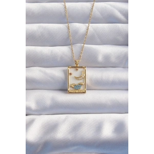 316L Çelik Zincir Gold Renk Ay Detay Mavi Zirkon Taşlı Tarot Kolye - TJ-BKO8980