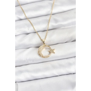 316L Çelik Zincir Gold Renk Ay Yıldız Model Zirkon Taşlı Kadın Kolye - TJ-BKO10905
